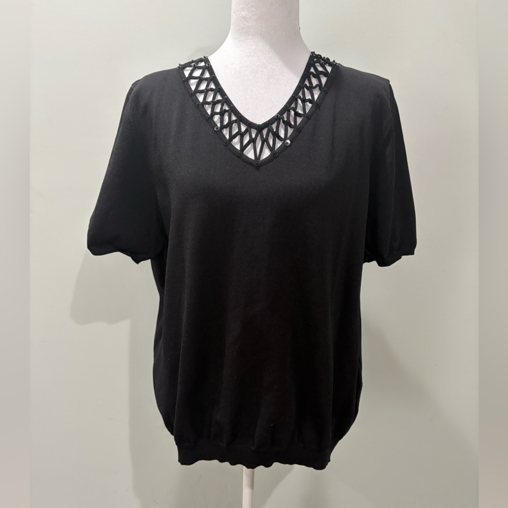Alfred Dunner Black Short Sleeve Top with Cutout Neckline